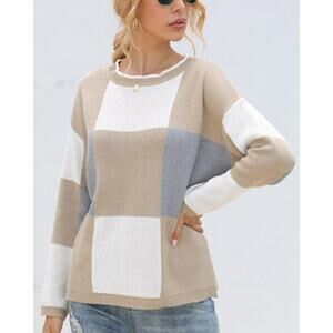 Paper Crane Plaid Knit Oversize Colorblock Sweater Brown Pullover Crew Neck Sz M